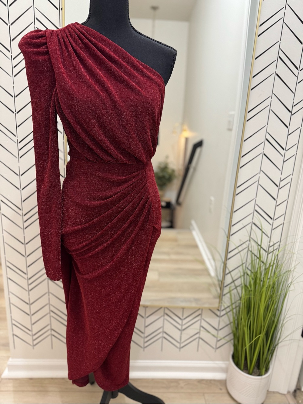 One-Shoulder Ruched Shimmer Evening Dress